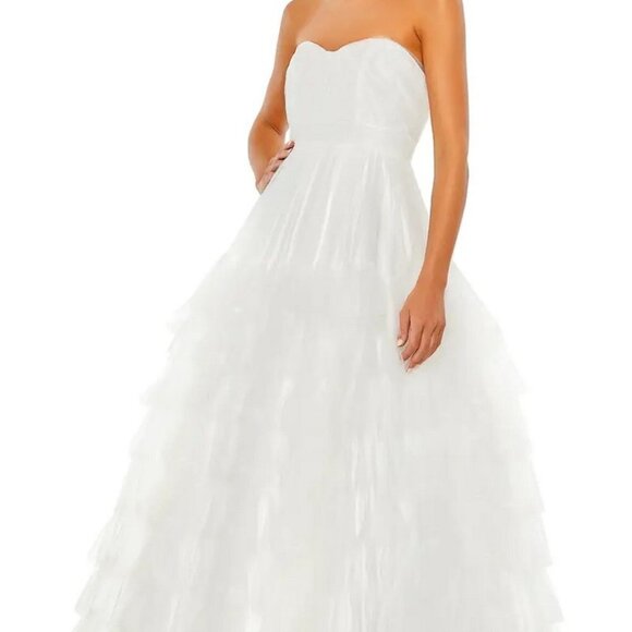 Mac Duggal White Ruffle Strapless Tulle Ballgown